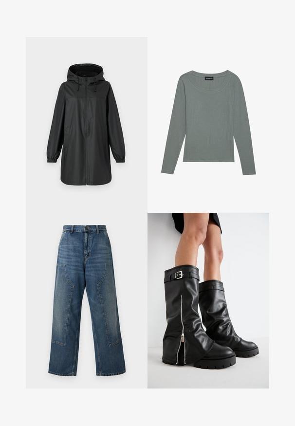 Zwarte lange regenjas met capuchon, voorrits, elastische manchetten en zijzakken, weergegeven op een effen achtergrond.; Even&Odd Longsleeve - balsam green; Wijde spijkerbroek in een medium blauwe wasbeurt, met een hoge taille en contrasterende paneeldetails. Gemaakt van stevig katoenen materiaal.; Zwarte leren kniehoge laarzen met een brede schacht, voorzien van een zijrits en een gespaccent, met een gestructureerde afwerking en een chunky rubberen zool.