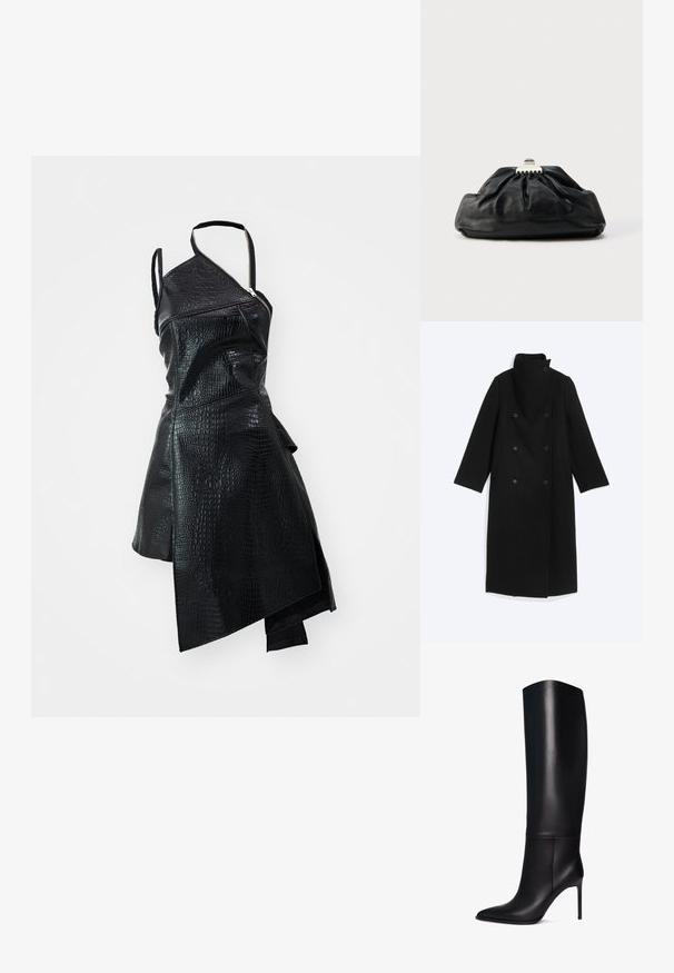 Schwarzer langer zweireihiger Mantel mit sechs Knöpfen, hohem Kragen und Seitentaschen, flach auf weißem Hintergrund dargestellt.; Schwarzes, faux-ledernes Kleid mit asymmetrischem Design, strukturiertem Krokodil-Muster und seitlichem Reißverschluss. Mit schmalem Schulterträger.; Knöchelhohe schwarze Leder-Stiletto-Stiefel mit spitzem Zeh. Glatte Textur, strukturiertes Design und schmaler hoher Absatz. Keine sichtbaren Beschläge oder Muster.; Schwarze Leder-Clutch mit geraffter Textur, Metallverschluss und dezentem, auf der Vorderseite geprägtem Logo. Abgerundete Form.