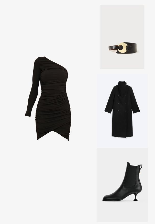 Manteau long noir croisé avec six boutons, col montant et poches latérales, présenté à plat sur fond blanc.; Robe noire à une épaule en matériau extensible, dotée de détails froncés et d'un ourlet asymétrique pour une silhouette ajustée.; Bottine en cuir noir à bout pointu, panneaux latéraux élastiques, et petit talon fin évasé sur un fond clair uni.; Ceinture en cuir noir avec une large lanière et une grande boucle ronde dorée, présentée sur un fond clair uni.
