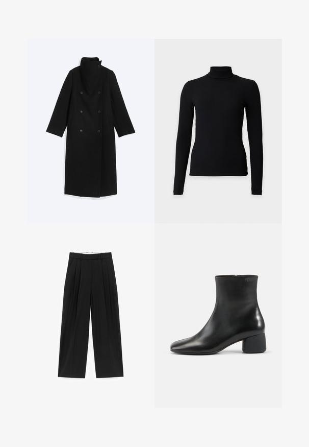 Manteau long noir croisé avec six boutons, col montant et poches latérales, présenté à plat sur fond blanc.; Haut à col roulé côtelé noir à manches longues avec une silhouette ajustée sur un fond clair uni.; Pantalon noir à jambes larges avec plis sur le devant, passants pour ceinture et poches latérales, conçu pour une coupe ajustée.; Bottine en cuir noir avec bout carré arrondi, fermeture éclair latérale et talon bas épais sur fond clair uni.