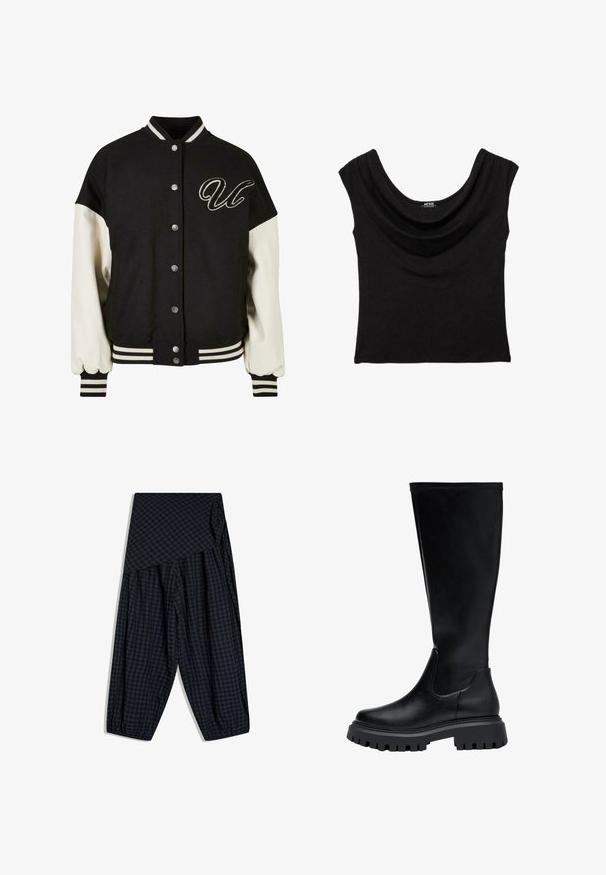 Sort varsityjakke med cremefarvede ærmer. Har knaplukning, ribbede manchetter og kant, samt en broderet "U" design på brystet.; Sort ærmeløs top med draperet rund halsudskæring, tætsiddende silhuet og et lille mærke med brandnavn indeni kraven.; Løse, mørkeblå og sorte ternede bukser med en bred foldet linning og elastiske manchetter ved anklerne.; Støvler i sort læder til knæhøjde med rund tå, elastiske sideskader og en kraftig gummisål med et mønster.
