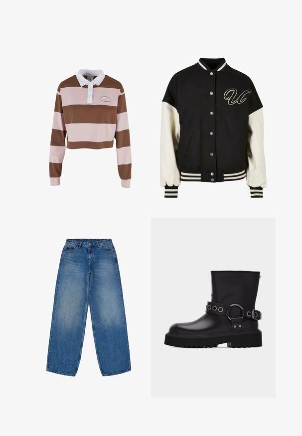 Sort varsityjakke med cremefarvede ærmer. Har knaplukning, ribbede manchetter og kant, samt en broderet "U" design på brystet.; Brun og lyserød stribet langærmet polo shirt med hvid krave, har et logo patch og et cropped design. Blødt bomuldsmateriale.; Lyseblå denim wide-leg jeans med høj talje, med knaplukning, bæltestropper og klassisk fem-lomme design.; Sort læderstøvle til midten af læggen med tyk sål med slidbanemønster, dekorativ rem med sølvmetal-øjer og spænde på siden.