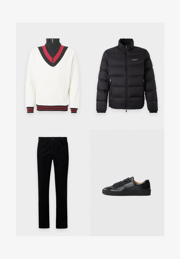 Sort pufferjakke med høj krave, med en frontlynlås og to sidelommer. Let quiltet stof med mærkets logo på brystet.; Hvid pullover med høj krave, der har et sort og rødt V-formet design på brystet samt kontrasterende ribstrikkede manchetter og kant.; Sorte corduroybukser med lige ben, der har forlommer og metalknaplukning. Blød tekstur med lodrette ribber.; Sorte lædersneakers med en glat overflade, rund tå og snørebåndslukning. Har en tyk gummisål og minimal branddetalje.