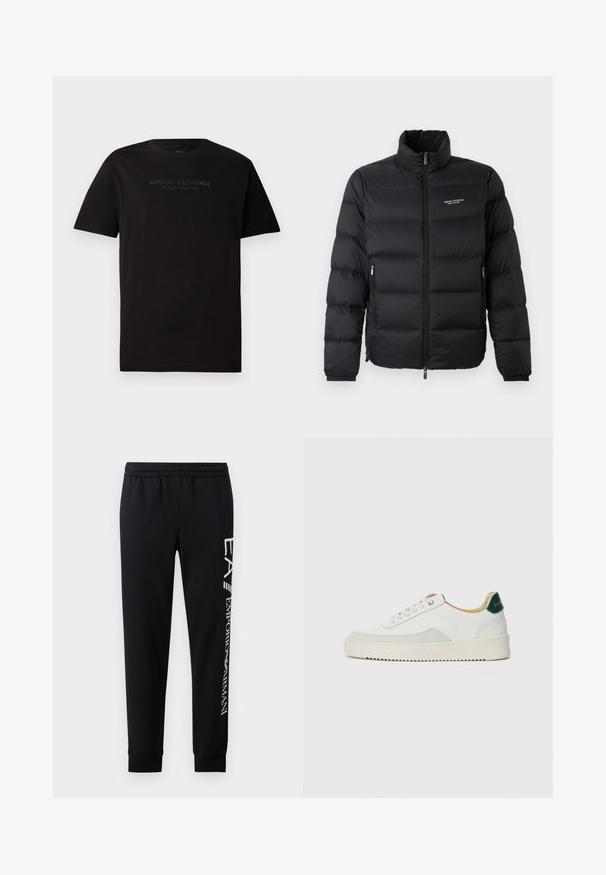 Doudoune noire avec un col haut, dotée d'une fermeture éclair à l'avant et de deux poches latérales. Tissu légèrement matelassé avec le logo de la marque sur la poitrine.; T-shirt en coton noir avec un col rond et des manches courtes. Sur le devant, on trouve un texte en relief "ARMANI EXCHANGE MILANO / NEW YORK".; Pantalons de survêtement noirs en mélange de coton, dotés d'une taille élastique, de jambes fuselées, de poignets côtelés et d'un imprimé logo blanc sur le côté.; Baskets blanches avec des accents en daim, bout arrondi, lacets plats et semelle en caoutchouc crème. Présente une marque verte sur le talon.