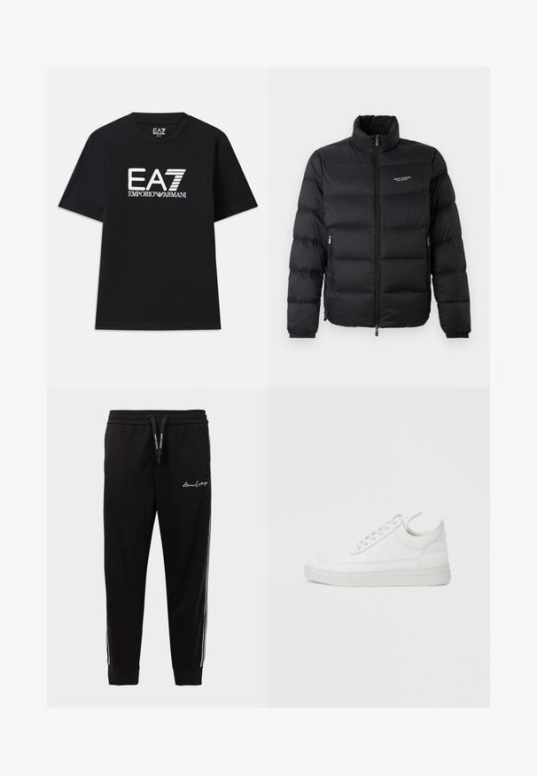 Sort pufferjakke med høj krave, med en frontlynlås og to sidelommer. Let quiltet stof med mærkets logo på brystet.; Sort t-shirt lavet af bomuld, med rund hals og korte ærmer. Broderet logo "EA7 EMPORIO ARMANI" i hvid på fronten.; Sorte sweatpants lavet af en bomuldsblanding, med en ribbet talje, hvide sidelister og logobroderi på den venstre lår.; Hvid lædersneaker med rundet tå, flad sål og snørebånd foran. Har syningsdetaljer og polstret krave for komfort.