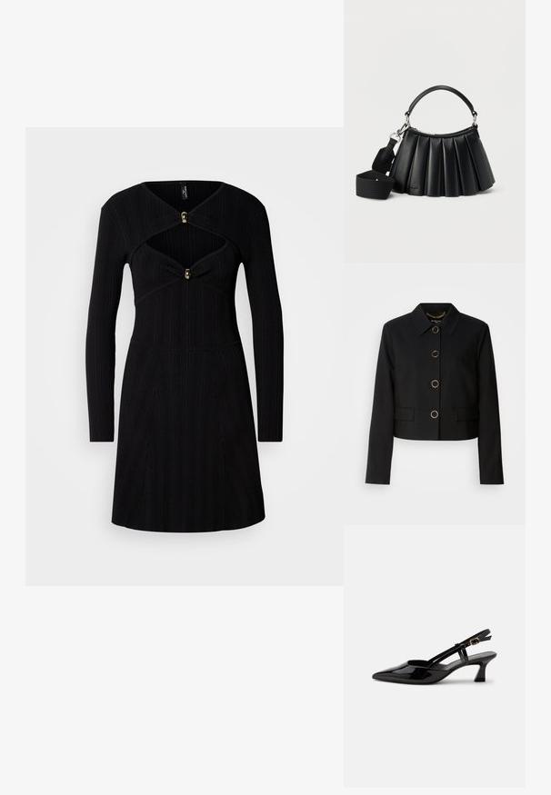 MARCIANO BY GUESS CHRISTINA CROPPED JACKET - Chaqueta fina - black; Vestido negro de canalé con mangas largas, que presenta un corpiño ajustado, escote en forma de V y botones de acento dorado en el pecho.; Zapato slingback de charol negro con tacón bajo, punta puntiaguda y correa ajustable con hebilla dorada sobre fondo blanco.; Bolso negro de cuero plisado con asa corta y correa de hombro ancha de tela desmontable sobre fondo blanco.