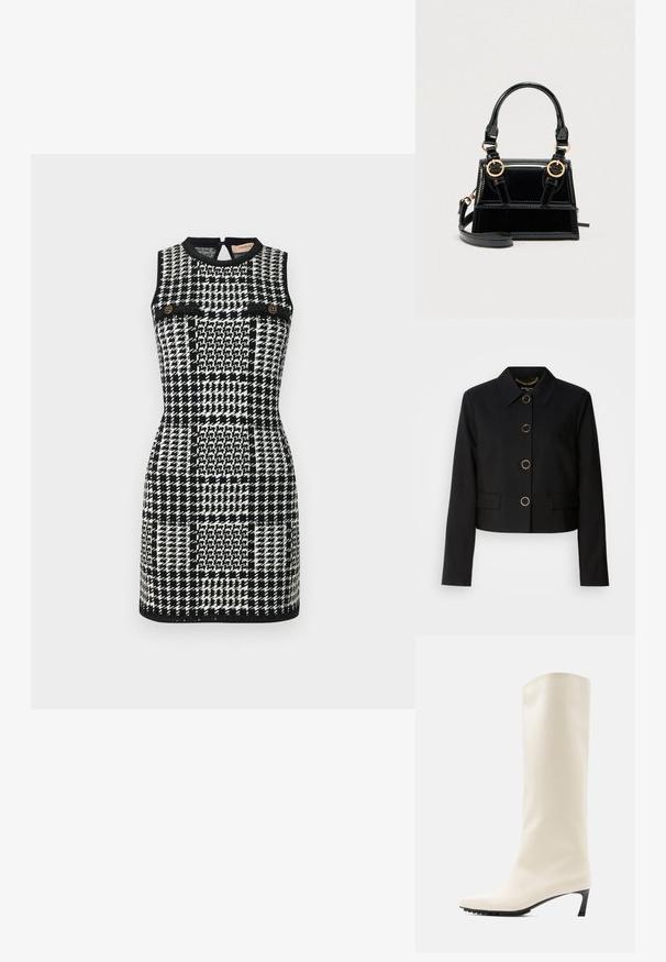 MARCIANO BY GUESS CHRISTINA CROPPED JACKET - Let jakke / Sommerjakker - black; TWINSET DRESS - Hverdagskjole - neve/nero; Knæhøj hvid støvle lavet af glat materiale med spids tå og slank sort hæl. Har et enkelt design og minimal branding.; Sort håndtaske i laklæder med guldfarvet hardware, dobbelte øverste håndtag og en justerbar skulderrem. Struktureret design med detaljerede syninger.
