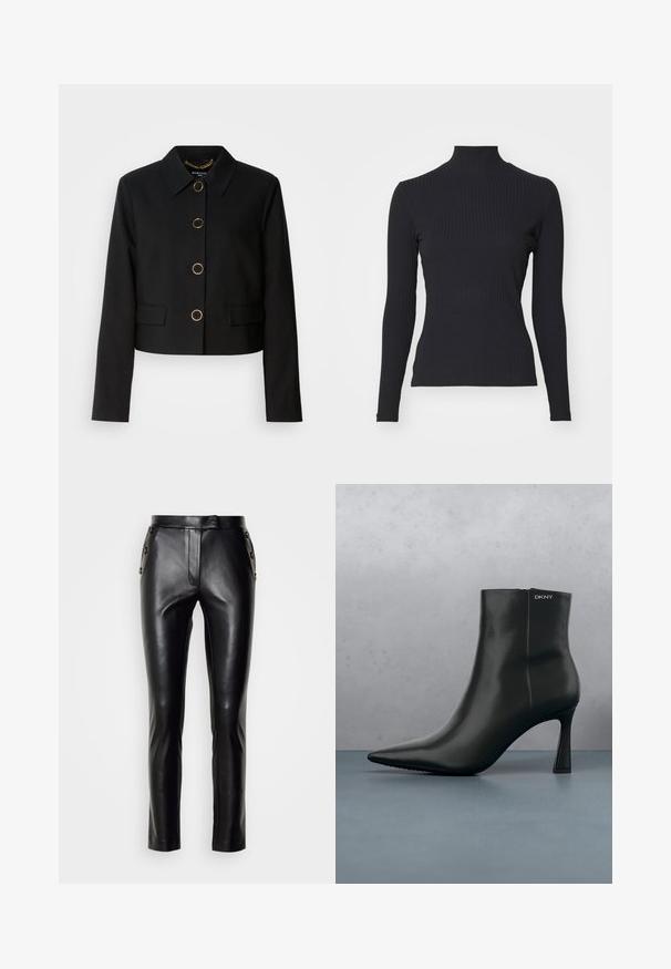 MARCIANO BY GUESS CHRISTINA CROPPED JACKET - Let jakke / Sommerjakker - black; Sort ribbet turtle-sweater med lange ærmer. Lavet af strækbart stof med en tætsiddende pasform og høj krave. Enkel design uden udsmykninger.; Sorte læderbukser med slim fit, der har en frontlynlås, knaplukning og knapdetaljer på siderne. Glat tekstur.; Sort læder ankelstøvle med spids tå og geometrisk hæl. Har subtil branding og en glat overflade. Baggrunden består af strukturerede fliser.
