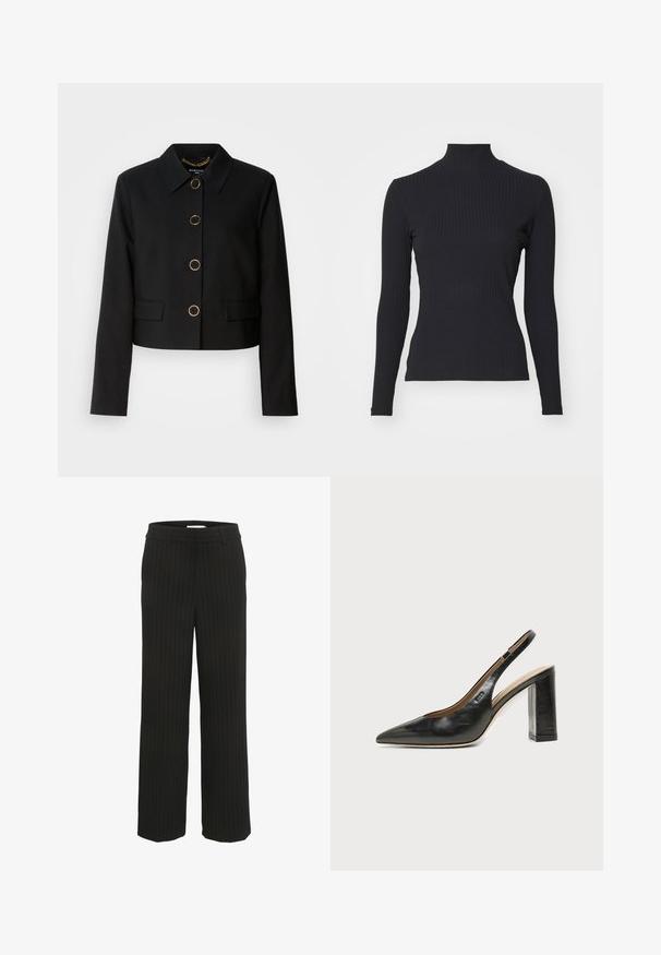 MARCIANO BY GUESS CHRISTINA CROPPED JACKET - Let jakke / Sommerjakker - black; Sort ribbet turtle-sweater med lange ærmer. Lavet af strækbart stof med en tætsiddende pasform og høj krave. Enkel design uden udsmykninger.; Sorte stribede brede benbukser med flad talje og bæltestropper, fremstillet af vævet stof, med lodrette striber i en kontrastfarve.; Sort læder peep-toe slingback sko med høj blokhæl og beige indvendig foring mod en ensfarvet lys baggrund.