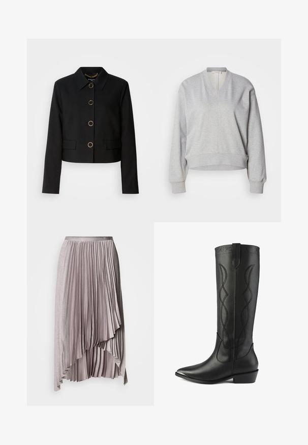 MARCIANO BY GUESS CHRISTINA CROPPED JACKET - Kevyt takki - black; Harmaa collegepaita, jossa V-pääntie, pitkät hihat ja resorit hihansuissa. Valmistettu pehmeästä kankaasta, edessä saumaviiva ja lyhyempi malli.; Vaalea liila epäsymmetrinen laskostettu hame satiininauhavyötäröllä ja kerroksittain laskeutuva helma, yksiväristä taustaa vasten.; Pitkät mustat nahkasaappaat, joissa on terävä kärki, lohkarekäsi ja koristeellinen ommel, jossa on toisiinsa kietoutuvia viivoja varressa.