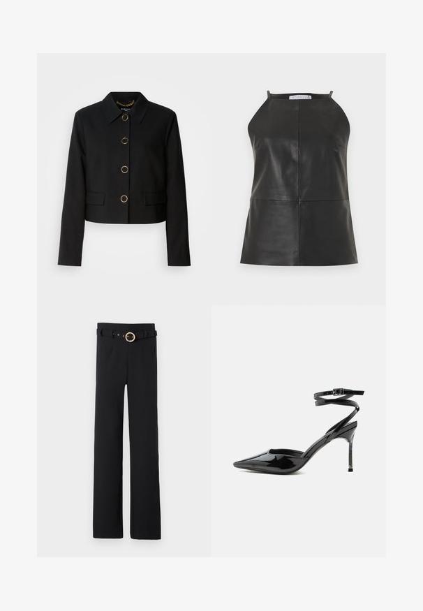 MARCIANO BY GUESS CHRISTINA CROPPED JACKET - Leichte Jacke - black; Schwarzes ärmelloses Lederoberteil mit Neckholder-Ausschnitt und sichtbaren vertikalen sowie horizontalen Nahtdetails.; Schwarze weit geschnittene Hose aus strukturiertem Stoff mit einem taillierten Bund und einer goldenen, runden Schnalle sowie seitlichen Taschen.; Schwarzer Lackleder-Pumps mit spitzer Spitze, dünnen Knöchelriemen und kleiner Schnalle.