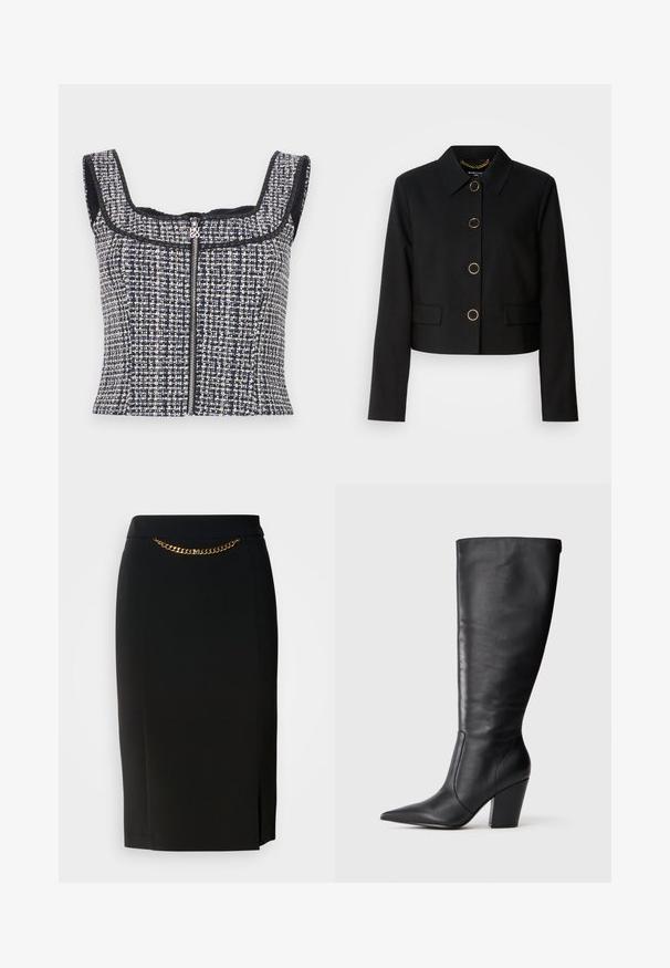 MARCIANO BY GUESS CHRISTINA CROPPED JACKET - Veste légère - black; Top court en tweed bleu marine et blanc avec un encolure carrée, sans manches et une fermeture éclair à l'avant avec un tirette de marque.; Jupe crayon noire avec une légère fente, dotée d'un détail en chaîne dorée à la taille. Fabriquée dans un tissu lisse et extensible pour plus de confort.; Botte en cuir noire à hauteur de genou avec bout pointu et talon large, présentée en profil latéral gauche sur fond blanc.