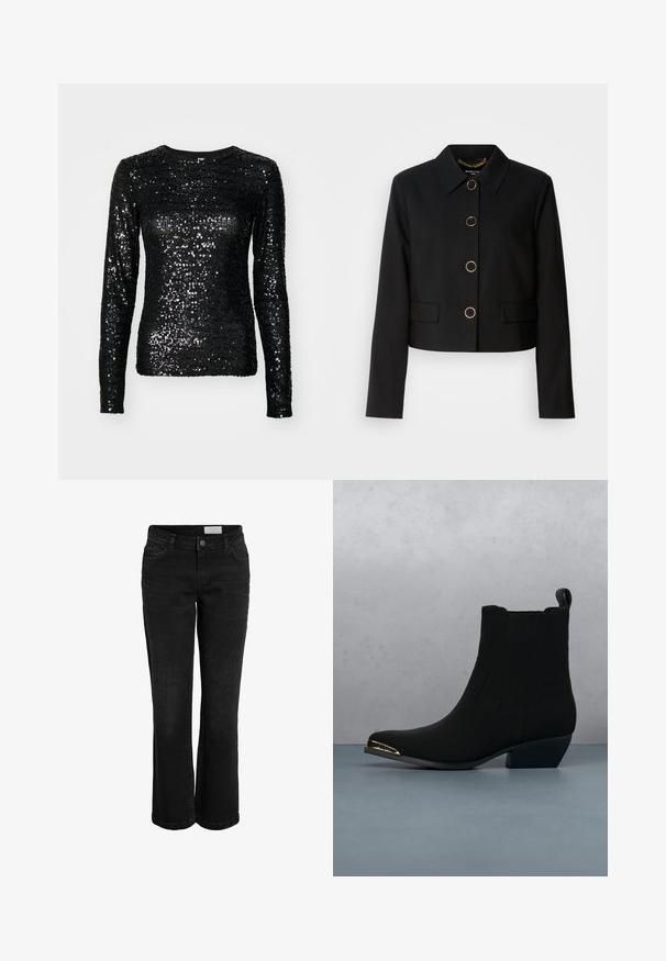 MARCIANO BY GUESS CHRISTINA CROPPED JACKET - Lichte jas - black; Zwarte lange mouw top bedekt met pailletten, met een ronde halslijn en een aansluitende silhoutte, met een zachte textuur en reflecterende accenten.; Zwarte denim jeans met een geplooide vorm, vijf pocketontwerp en een knoopsluiting. Heeft subtiele stikdetails en een klassieke tailleband.; Zwarte enkellaars met gestructureerde zijkanten, puntige neus en een lage hak. Bevat een gouden accent met "GUESS" op de hak. Gezet op een betegelde oppervlakte met patroon.