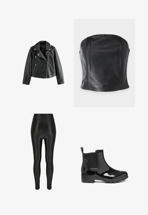 Sort læder bikerjakke med asymmetrisk sølv lynlåse, slagkrave, skulderlapper og lynlåslommer.; Sort læder strapless top med en tætsiddende pasform, glat tekstur og subtile sømme langs kroppen for et skræddersyet udseende.; Sorte leggings med høj talje, lavet af glat, strækbart materiale. Har et elegant, tætsiddende design og samlede detaljer ved anklerne.; Sorte glansfulde ankelstøvler med elastiske sidepaneler, rund tå og en struktureret gummisål. Designet har en trækflap bagpå.