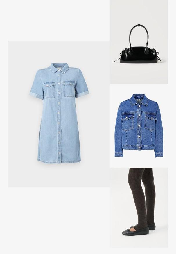 Lysblå denimjakke med lange ærmer, knapfront og to brystlommer. Har kontrasterende syninger og klassisk kravedesign.; Lyseblå denimkjole med korte ærmer, knaplukning fortil, to brystlommer og opkrøllede ærmer. Glat tekstur og lige skæring.; Ben iført mørke ribbede leggings kombineret med sorte balletsko med små sløjfedetaljer på hvid baggrund.; Lille sort blank håndtaske med to lange håndtag og snøre-detaljer i siden på en ensfarvet lys baggrund.