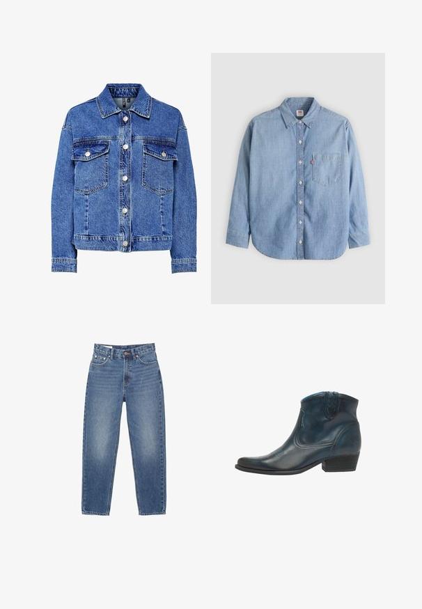 Lysblå denimjakke med lange ærmer, knapfront og to brystlommer. Har kontrasterende syninger og klassisk kravedesign.; Lyseblå denimskjorte med button-down-krave, forlompe og lange ærmer. Har en buet kant og en subtil tekstur.; Lyseblå denimjeans med høj talje, lige ben, fem lommer og orange syninger. Slidt finish på fronten.; Cowboy ankel støvler lavet af mørkeblåt læder, med spidse tæer, buede detaljer og en lav, stablet hæl med subtile syninger.