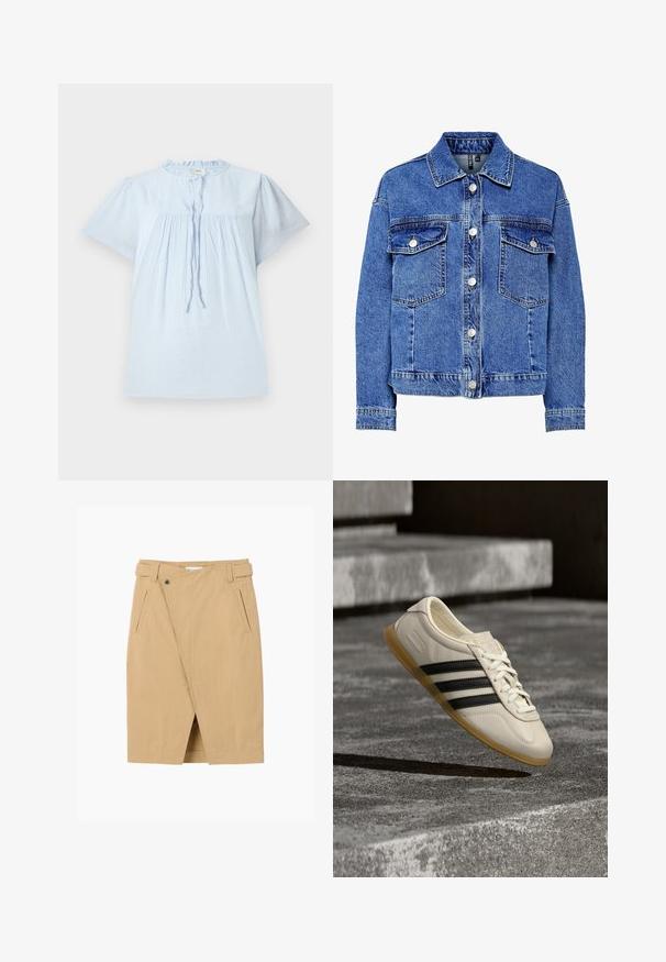 Lysblå denimjakke med lange ærmer, knapfront og to brystlommer. Har kontrasterende syninger og klassisk kravedesign.; Lys blå kortærmet bluse med struktureret stof, rund halsudskæring og plisseret design. Har snoretræk foran og subtile accenter.; Beige knælang nederdel med asymmetrisk front flap, knaplukning, bæltestropper og to lodrette sidelommer.; Hvid sneaker med sorte striber og gummisål svæver over betontrapper i blødt dagslys.