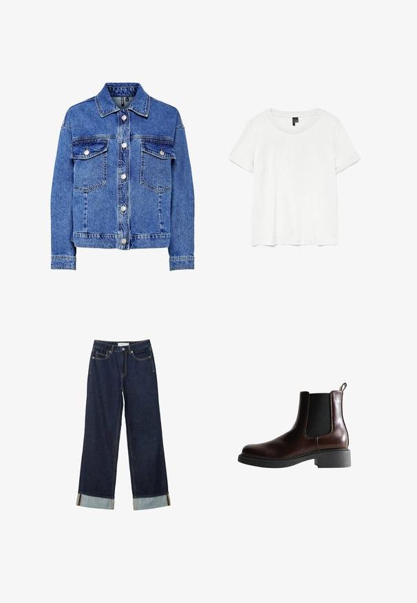 Jeansjacke in Hellblau mit langen Ärmeln, Knopfleiste und zwei Brusttaschen. Verfügt über kontrastierende Nähte und ein klassisches Kragen-Design.; Weißes T-Shirt mit kurzen Ärmeln und rundem Ausschnitt, hergestellt aus leichtem Stoff. Schlichtes Design, glatte Textur und gerader Saum.; Dunkelblaue, weit geschnittene Jeans mit hoher Taille, ausgestattet mit aufgerollten Säumen, Kontrastnähten und einem Fünf-Taschen-Design. Hergestellt aus Denim-Stoff.; Braune Leder-Boots mit elastischen Seitenteilen, runder Spitze und einer strukturierten schwarzen Gummisohle. Verfügt über kontrastierende Nähte und eine Ziehlasche.