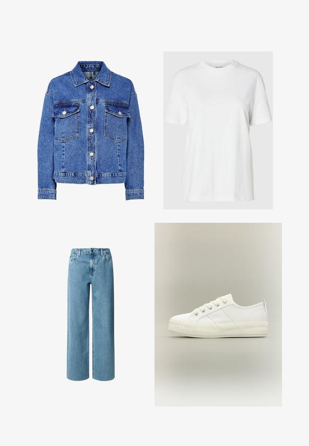 Leren spijkerjack in lichtblauw met lange mouwen, knoopsluiting aan de voorkant en twee borstzakken. Heeft contrasterende stiksels en een klassiek kraagontwerp.; Witte katoenen t-shirt met korte mouwen en een ronde halslijn. Heeft een relaxte pasvorm en een minimalistisch ontwerp zonder patronen of accenten.; Blauwe denim wijde jeans met een hoge taille, voorzien van riemlussen, een ritssluiting en rafelige uiteinden. De stof heeft een zachte, gladde textuur.; Witte lage sneaker met dikke geribde zool, veters aan de voorkant en trek-lus aan de hiel tegen een neutrale achtergrond.