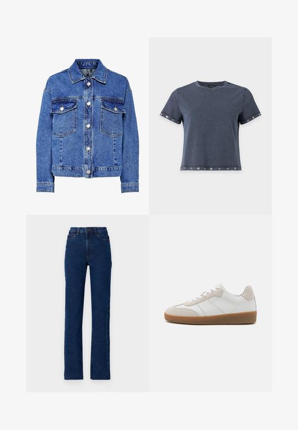 Jeansjacke in Hellblau mit langen Ärmeln, Knopfleiste und zwei Brusttaschen. Verfügt über kontrastierende Nähte und ein klassisches Kragen-Design.; Dunkelgraues T-Shirt mit kurzen Ärmeln und Metallösen an Ärmeln und Saum, Rundhalsausschnitt und lockerer Passform.; Hoch geschnittene dunkelblaue Jeans aus Denim mit geradem Bein, fünf Taschen und kontrastierender Naht entlang der Nähte.; Weiße Leder-Sneaker mit beige Suede-Akzenten, strukturiertem Zungenbereich und Gummisohle. Verfügt über weiße Schnürsenkel und dezente eingestickte Details.