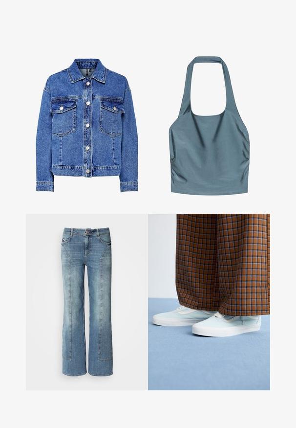 Leren spijkerjack in lichtblauw met lange mouwen, knoopsluiting aan de voorkant en twee borstzakken. Heeft contrasterende stiksels en een klassiek kraagontwerp.; Halterneck top in een gedempte blauwe kleur, gemaakt van glad, glanzend materiaal met ruchingdetails aan de zijkanten en een vierkante halslijn.; Lichtblauwe denim wijde broek met een vervaagde wassing, met vijf zakken, contrasterende stiksels en een knoopsluiting bij de tailleband.; Lichtblauwe sneakers gedragen met bruine en blauwe geblokte wijde broekspijpen op een lichtblauw tapijt.