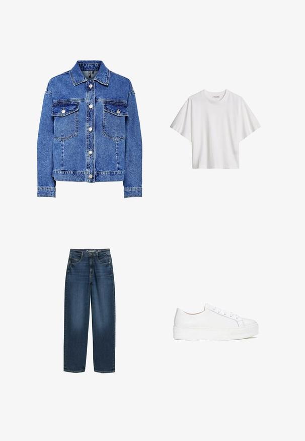 Leren spijkerjack in lichtblauw met lange mouwen, knoopsluiting aan de voorkant en twee borstzakken. Heeft contrasterende stiksels en een klassiek kraagontwerp.; Witte katoenen T-shirt met korte mouwen, losse pasvorm, ronde hals en merkembleem aan de binnenkant van de kraag.; Donkerblauwe wijde jeans met een hoge taille, voorzakken en een klassieke denimtextuur. Afgewerkt met subtiele stiksels en rechte broekspijpen.; Witte leren sneaker met een glad oppervlak, ronde neus en platte zool. Voorzien van vetersluiting en subtiele stiksels.