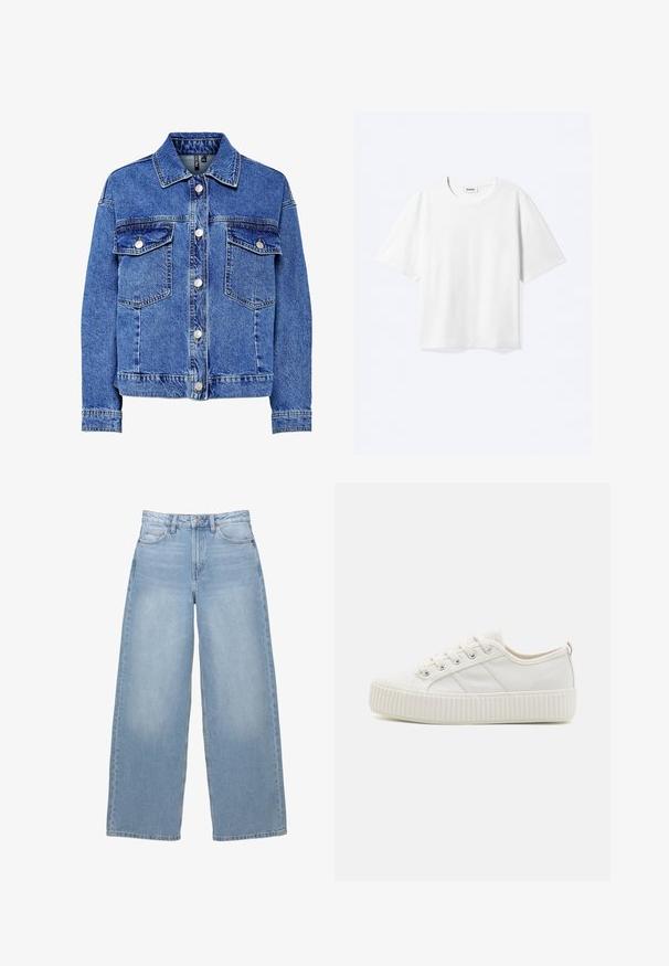 Jeansjacke in Hellblau mit langen Ärmeln, Knopfleiste und zwei Brusttaschen. Verfügt über kontrastierende Nähte und ein klassisches Kragen-Design.; Weißes T-Shirt mit kurzen Ärmeln und Rundhalsausschnitt mit geradem Saum, innen mit gebrandetem "WEEKDAY"-Label am Kragen.; Helle blaue, weit geschnittene Jeans aus Denim. Besitzt eine hohe Taille, Taschen vorne und einen Knopfverschluss. Angenehme Textur mit dezenter Ausbleichung.; Weiße Segeltuchturnschuhe mit einer strukturierten Gummisohle, runder Zehenpartie und Schnürdesign, das drei seitliche Streifen aufweist.