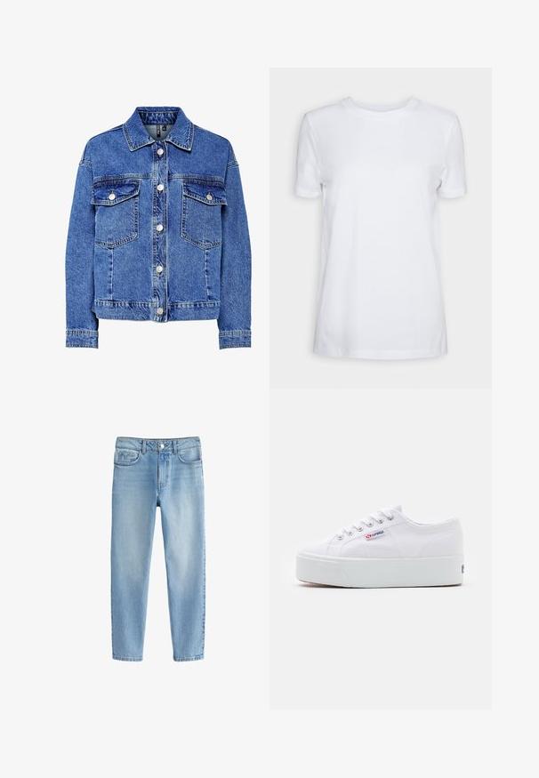 Leren spijkerjack in lichtblauw met lange mouwen, knoopsluiting aan de voorkant en twee borstzakken. Heeft contrasterende stiksels en een klassiek kraagontwerp.; Effen wit T-shirt met korte mouwen en ronde hals, normale pasvorm en een klein label aan de binnenkant van de hals met de tekst "SELECTED FEMME."; Lichtblauwe katoenen denim jeans met een rechte pijpdesign, voorzien van vijf zakken en een knoopsluiting bij de taille.; Witte canvas sneaker met een dikke witte platformzool, ronde neus en metalen oogjes voor veters. Merkl logo aan de zijkant weergegeven.
