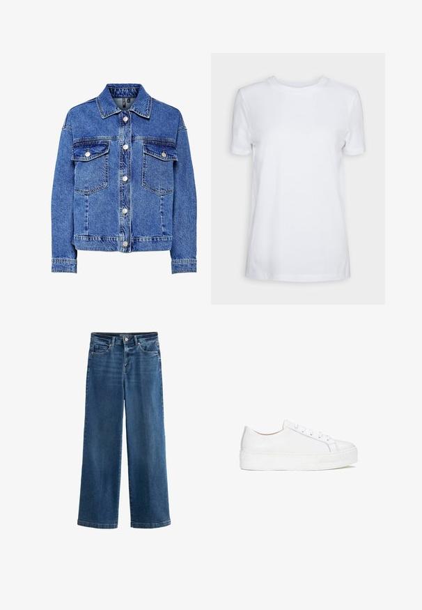 Chaqueta de mezclilla en azul claro, con mangas largas, cierre de botones y dos bolsillos en el pecho. Presenta costuras en contraste y un diseño clásico de cuello.; Camiseta blanca lisa de manga corta con cuello redondo, ajuste regular y una pequeña etiqueta interior en el cuello que dice "SELECTED FEMME."; Jeans anchos de mezclilla azul, con cintura alta, cinco bolsillos, sutil desgastado, cierre de botón y costuras contrastadas.; Zapatilla blanca de cuero con superficie lisa, punta redonda y suela plana. Presenta cierre con cordones y detalles de costura sutiles.