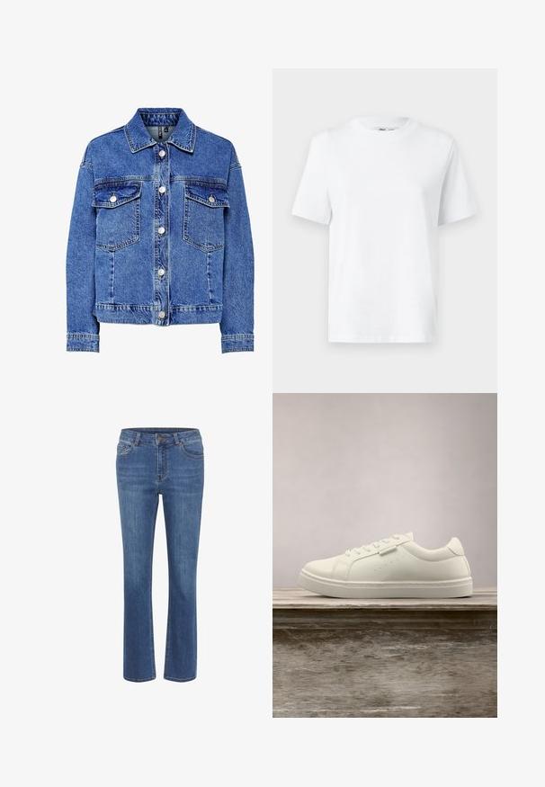 Veste en denim bleu clair avec manches longues, devant à boutons et deux poches poitrine. Présente des coutures contrastantes et un design de col classique.; T-shirt en coton blanc à col rond, avec des manches courtes et une texture lisse. Conçu avec une coupe décontractée pour plus de confort et de polyvalence.; Jeans en denim bleu avec une coupe droite, taille ajustée, passants de ceinture, cinq poches et un petit bouton marron à la taille.; Baskets en cuir blanc avec des lacets flottant au-dessus d'un banc en bois, herbe verte haute floue en arrière-plan à l'extérieur.