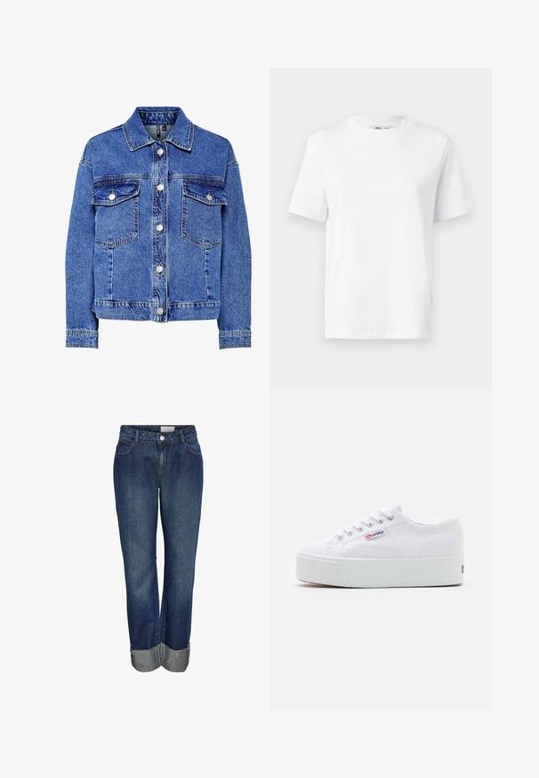 Jeansjacke in Hellblau mit langen Ärmeln, Knopfleiste und zwei Brusttaschen. Verfügt über kontrastierende Nähte und ein klassisches Kragen-Design.; Weißes Baumwoll-T-Shirt mit Rundhalsausschnitt, kurzärmlig und mit glatter Textur. Entworfen mit einer lockeren Passform für Komfort und Vielseitigkeit.; Dunkelblaue Denim-Jeans mit geradem Bein, ausgestattet mit einem rohen Saum und gekrempeltem Knöchel. Klassischer Fünf-Taschen-Stil mit Metallbeschlägen.; Weiße Leinenschuhe mit einer dicken weißen Plattformsohle, runder Zehenpartie und Metallösen für die Schnürsenkel. Markenlogo an der Seite angebracht.
