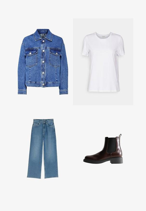 Leren spijkerjack in lichtblauw met lange mouwen, knoopsluiting aan de voorkant en twee borstzakken. Heeft contrasterende stiksels en een klassiek kraagontwerp.; Witte korte mouwen t-shirt gemaakt van zachte stof met een ronde hals en een relaxte pasvorm. De zoom is recht en bevat geen patronen of accenten.; Lichtblauwe wijde denimmuts met een hoge taille, vijf zakken en zichtbare stiksels; de stof heeft een licht gestructureerde afwerking.; Bruine leren enkelboot met elastische zijpanelen, ronde neus en een gestructureerde zwarte rubberen zool. Heeft contrasterende stiksels en een lusje aan de achterkant.
