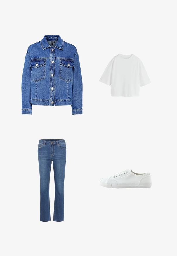Lysblå denimjakke med lange ærmer, knapfront og to brystlommer. Har kontrasterende syninger og klassisk kravedesign.; Simpel hvid oversized T-shirt med korte ærmer, rund hals og løs pasform.; Blå denimjeans med lige ben, tætsiddende talje, bæltesløjfer, fem lommer og en lille brun knap i taljen.; Hvid lavtop canvas-sneaker med snørebånd foran, gummisål og struktureret tåhætte, vist fra ydersiden mod en hvid baggrund.