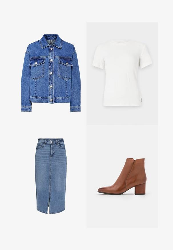 Jeansjacke in Hellblau mit langen Ärmeln, Knopfleiste und zwei Brusttaschen. Verfügt über kontrastierende Nähte und ein klassisches Kragen-Design.; Weißes kurzärmliges T-Shirt mit geripptem Muster und rundem Ausschnitt. Weicher Stoff, taillierte Passform und minimale Nähdetails.; Denim-Midikleid in Hellblau mit einem Schlitz vorne, fünf Taschen, Gürtelschlaufen und einem Knopfverschluss an der Taille. Klassische Passform und Textur.; Braune Leder-Ankle-Boots mit spitzem Zehenbereich, mittelhohem Blockabsatz und minimaler Nahtgestaltung. Glatte Textur mit polierter Oberfläche.