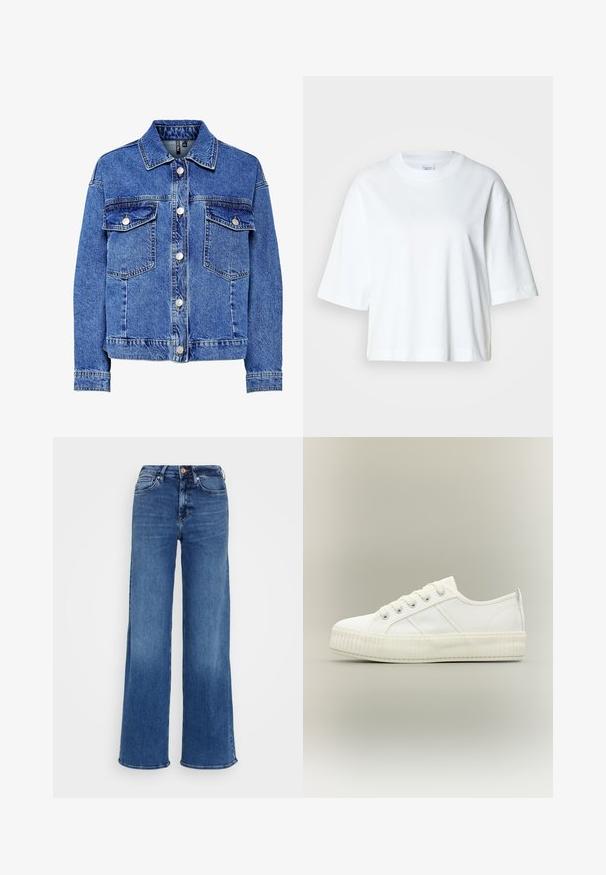 Veste en denim bleu clair avec manches longues, devant à boutons et deux poches poitrine. Présente des coutures contrastantes et un design de col classique.; T-shirt blanc court à manches courtes, col rond, en coton doux, avec un design simple et épuré.; Jean bleu à jambes larges en denim, avec une taille haute, cinq poches et une fermeture à boutons. Délavage subtil et détails de couture visibles.; Baskets basses blanches avec semelle épaisse côtelée, lacets à l'avant et languette à l'arrière sur fond neutre.