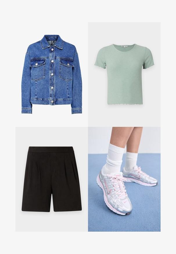 Lysblå denimjakke med lange ærmer, knapfront og to brystlommer. Har kontrasterende syninger og klassisk kravedesign.; Lys grøn ribbet bomulds t-shirt med korte ærmer og en bølget søm. Har en rund halsudskæring og blød tekstur.; Sorte shorts lavet af blødt stof, med en glat tekstur, elastisk talje og plisseret frontdesign. Enkle og udekorerede.; Nike løbesko med sølvnetoverdel og pink detaljer, hvide snørebånd og en struktureret sål. Båret sammen med hvide bomulds sportsstrømper.