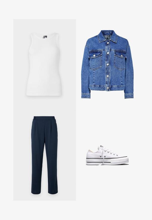 Leren spijkerjack in lichtblauw met lange mouwen, knoopsluiting aan de voorkant en twee borstzakken. Heeft contrasterende stiksels en een klassiek kraagontwerp.; Witte geribde tanktop met een ronde halslijn en mouwloos design, gemaakt van een zachte katoenmix met een getailleerd silhouet.; Marineblauwe broek met een recht broekspijpontwerp, voorzien van een hoge taille, plooien en een gladde, zachte textuur. Geen zichtbare hardware of patronen.; Witte lage canvas sneaker met witte veters, zwarte strepen op de zool en een rubberen, getextureerde neuskap, zijaanzicht op een witte achtergrond.