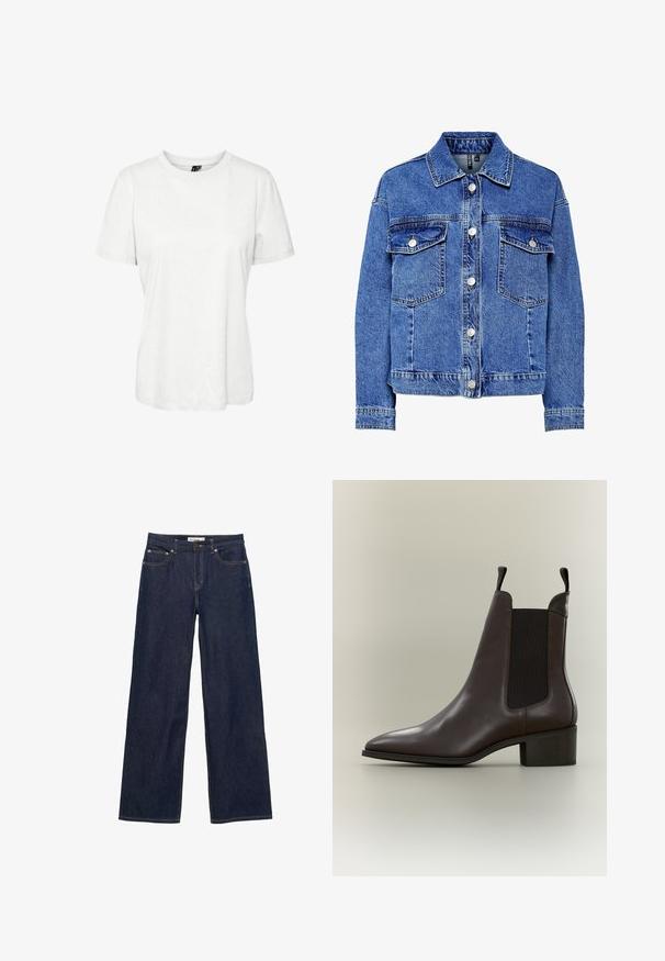 Lysblå denimjakke med lange ærmer, knapfront og to brystlommer. Har kontrasterende syninger og klassisk kravedesign.; Hvid kortærmet t-shirt lavet af bomuld med rund halsudskæring og afslappet pasform. Glat tekstur og ingen synlige mønstre eller dekorationer.; Mørkeblå denim jeans med brede, lige ben, forlommer og lukning med knap og lynlås.; Mørkebrun læderankelstøvle med sorte elastiske sidestykker, trækflapper foran og bagpå samt en lav blokhæl.