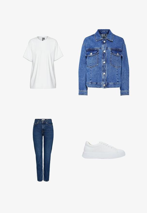 Leren spijkerjack in lichtblauw met lange mouwen, knoopsluiting aan de voorkant en twee borstzakken. Heeft contrasterende stiksels en een klassiek kraagontwerp.; Witte katoenen T-shirt met een ronde hals, korte mouwen en een losse pasvorm. Voorzien van subtiele stikdetails en een label bij de kraag.; Donkerblauwe spijkerbroek met rechte pijpen, hoge taille, vijf zakken, lichte stiksels en een subtiele textuur.; Witte leren sneakers met een ronde neus, platte veters en een dikke rubberen zool. Gladde textuur met minimale stikseldetails.