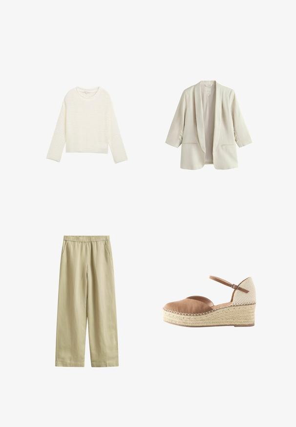 Kremfarvet dameblazer med åben front, sjalskrave, 3/4 ærmer og to forlommer med kant.; Hvid, cropped sweater med et tekstureret, strikket mønster, rund halsudskæring og lange ærmer. Blødt stof med en afslappet pasform.; Beige bukser med vidde i benene, elastisk talje og sidelommer, lavet af letvægtstof.; Kile espadrillesko med brun ruskind foran, beige flettet hæl, flet platform af jute og justerbar ankelrem med spænde.