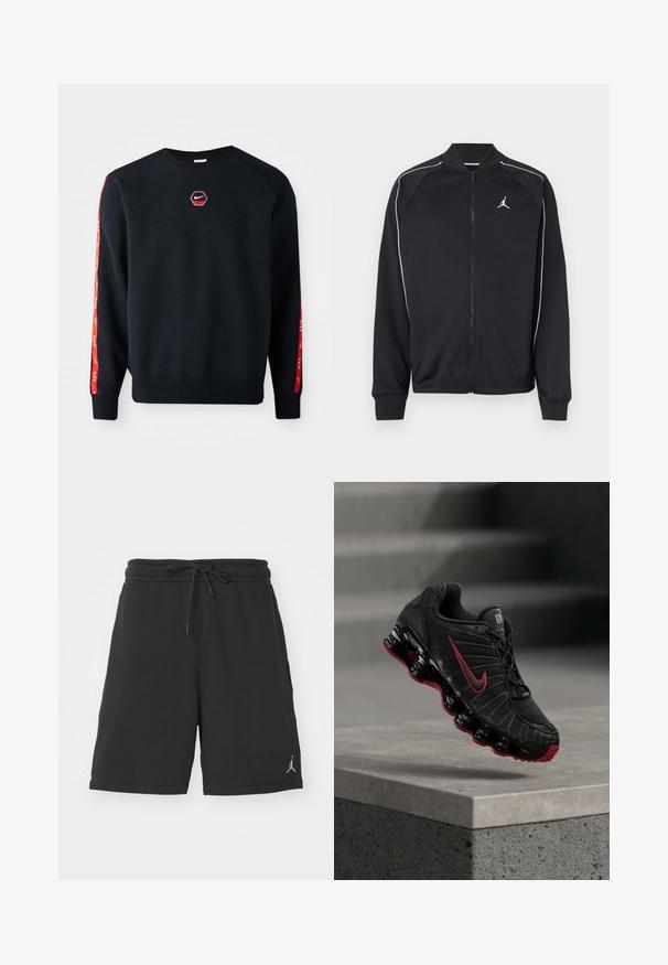 Sort atletikjakke lavet af glat stof med hvide kanter, lynlås foran og et lille logo på venstre bryst.; Mørkeblå sweatshirt med et sekskantet rødt Nike-logo på brystet. Har røde accenter langs ærmerne og et struktureret, blødt stof.; Sort atletisk shorts lavet af blødt stof, med elastisk talje og snøre, sidelommer og et lille logo på venstre ben.; Sort og rød Nike atletiksko med synlig fjederlignende sål balancerende på kanten af et betontrin.