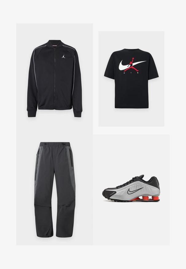 Mustast siledast kangast sportjakk, millel on valged triibud, ees tõmblukk ja väike logo vasakul rinnal.; Mustast puuvillast T-särk ümmarguse kaelusega, millel on suur valge Nike Swoosh ja punane Jumpman logo koos valge tekstiga "AIR".; Tumedad ja musta värvi matkaspordipüksid elastse vöörihma ja lukuga küljetaskutega, mõeldud õues tegevusteks.; Mustmust ja hõbedane sportlik king, millel on tekstureeritud pealispind, väljastunud sooned ja punased pehmenduselemendid kandadel toe pakkumiseks. Madal disain.