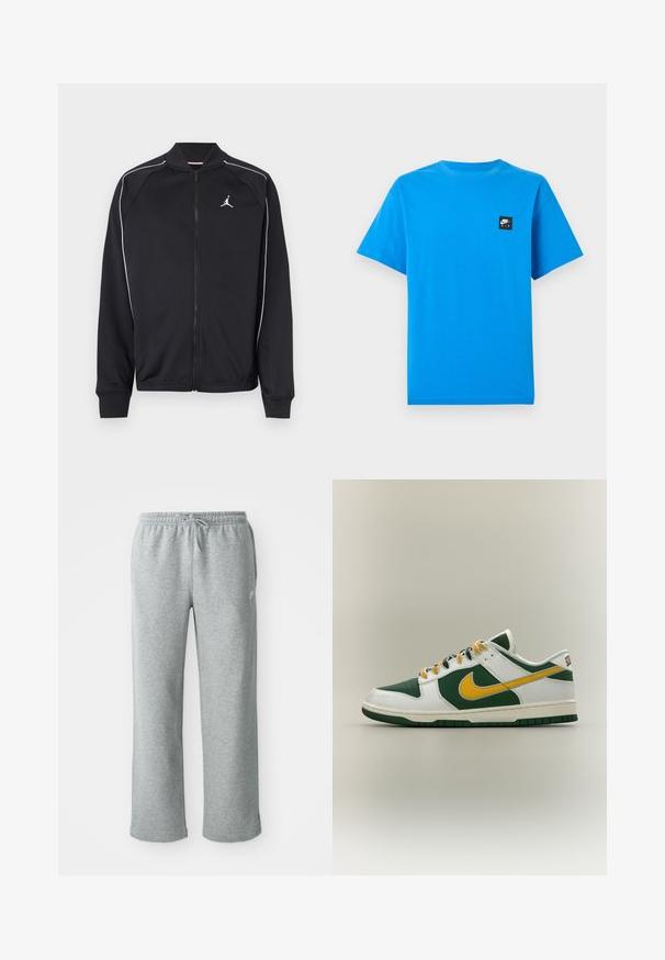 Zwart sportjack van gladde stof, met witte biezen, een rits aan de voorkant en een klein logo op de linkerborst.; Felblauw T-shirt met korte mouwen, ronde hals en een kleine zwarte Nike Air-logo patch op de linkerborst.; Grijze katoenen sweatpants met een elastische tailleband, trekkoordsluiting en rechte pijpen. Bevat een klein logo op de bovenste linkerkant.; Low-top Nike sneaker in wit, groen en geel met gele swoosh en veters, zijwaarts geplaatst op een neutrale achtergrond.