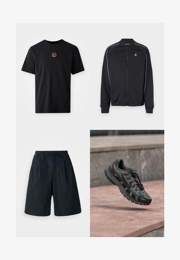 Sort atletikjakke lavet af glat stof med hvide kanter, lynlås foran og et lille logo på venstre bryst.; Sort kortærmet T-shirt i bomuld med et sekskantet rødt og hvidt Nike-logo på brystet og en rund halsudskæring.; Sorte shorts med elastisk talje og justerbar snor. Lavet af et glat stof, med en løs pasform og uden synlige mønstre.; Grå og sort Nike-sneaker med pinke accenter svævende i luften over en stenet overflade, der viser side- og topdetaljer.