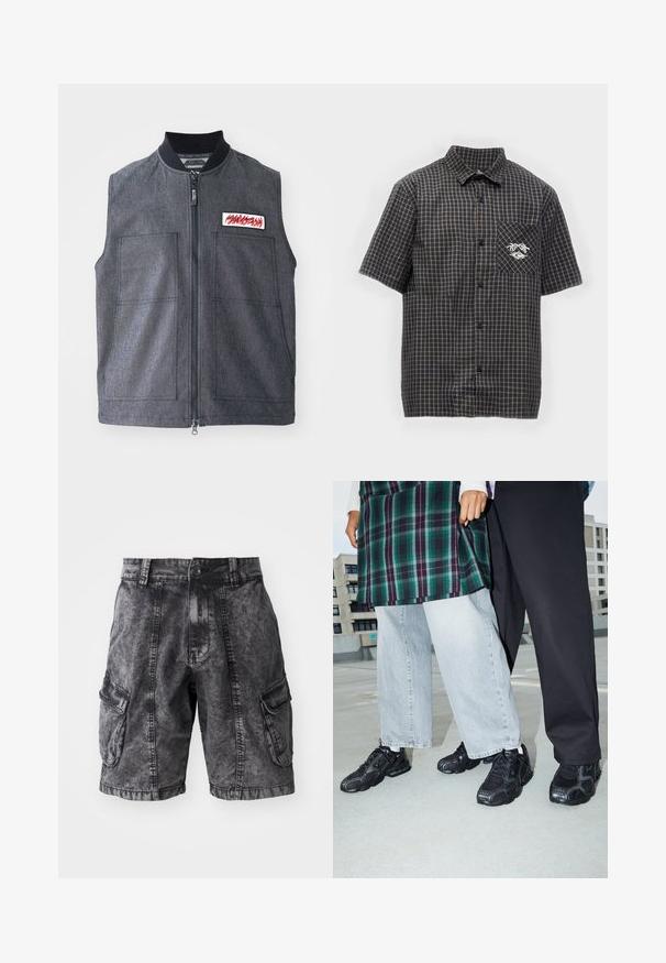 Gilet gris foncé avec fermeture éclair à l'avant, deux grandes poches avant, un col côtelé et un patch décoratif avec un design rouge.; Chemise à manches courtes avec boutons, motif à carreaux noir et gris et petit logo sur la poche poitrine gauche.; Shorts cargo en denim noir avec une texture délavée, deux poches latérales et une fermeture à bouton. Longueur genoux avec des coutures renforcées.; Baskets de sport noires avec des accents en mesh et en caoutchouc. Portées avec un jean large gris clair et un haut à carreaux vert. Fond à surface plane.