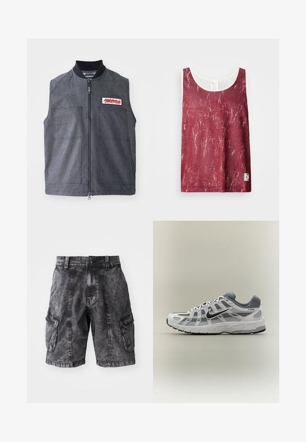 Chaleco gris oscuro con cierre frontal, dos grandes bolsillos frontales, cuello acanalado y un parche decorativo con un diseño rojo.; Camiseta sin mangas de malla roja con un patrón ligeramente desgastado y desvaído. Presenta un ribete blanco alrededor del escote y las sisas, y una pequeña etiqueta con el logo en la parte inferior.; Pantalones cortos cargo de mezclilla negra con textura desgastada, dos bolsillos laterales y cierre de botón. Hasta la rodilla con costuras reforzadas.; Zapatilla Nike P-6000 blanca y gris con swoosh negro, paneles de malla y suela texturizada, mostrada de perfil sobre un fondo neutro.