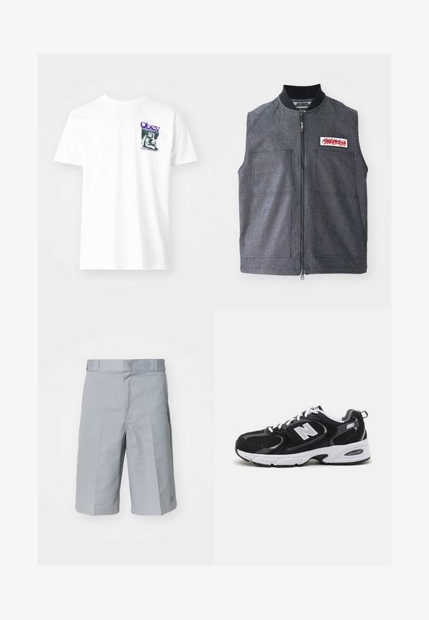 Mørkegrå vest med lynlåslukning, to store frontlommer, en ribbet krave og et dekorativt patch med et rødt design.; Hvid bomulds t-shirt med et grafisk print i lilla, der viser en siddende figur med teksten "Obey" og "Stop Worry Now!" i sort.; Lys grå shorts lavet af slidstærkt stof, med lige snit, en talje med bæltestropper og diskrete plisseringer.; Sorte og grå sportssko med mesh og ruskind på overdelen, der har en hvid mellemsål, snørebånd og et iøjnefaldende "N" logo på siden.