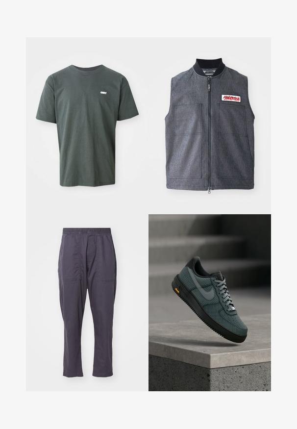 Mørkegrå vest med lynlåslukning, to store frontlommer, en ribbet krave og et dekorativt patch med et rødt design.; Mørkegrøn bomulds t-shirt med korte ærmer, rund hals, der har et lille hvidt "OBEY" logo på venstre brystområde.; Mørkegrå, letvægtsbukser med elastisk talje, to frontlommer, lige ben-design og en glat tekstur.; Mørkegrøn og sort Nike-sneaker med gittermønster, sort sål og grå snørebånd, svævende over en betonafdækning mod en sløret trappebaggrund.