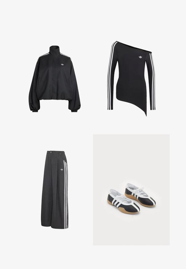 Musta Adidasin urheilutakki korkealla kaulaosalla, valkoisilla olkaviivoilla, joustavilla resoreilla ja pienellä trefoil-logolla rinnassa.; Musta pitkähihaisen paita, jossa valkoiset kolme raitaa hihoissa, epäsymmetrinen off-shoulder -kaula-aukko ja pieni valkoinen Adidas-logo rinnassa.; Mustat leveälahkeiset housut, joissa pieni valkoinen ruutukuosi, valkoiset sivuraidat, nappi- ja vetoketjusuljin sekä Adidas-logo vasemmassa lantiolla.; Musta-valkoiset urheilukengät, joissa on sulavalinjainen muotoilu, kumipohja, nauhakiinnitys ja kolme valkoista raitaa sivuilla.