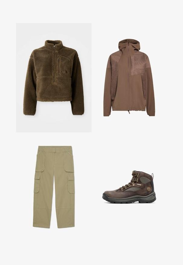 Veste à capuche marron avec un panneau texturé sur le devant supérieur, fermeture éclair intégrale, ourlet élastique et poches latérales. Tissu lisse sur toute la surface.; Veste en polaire marron avec un col haut, fermeture éclair à moitié sur le devant et une poche sur la poitrine ; elle présente un tissu texturé et un logo sur le devant.; Pantalon cargo kaki avec plusieurs poches à rabat à l’avant et sur les côtés, coupe droite et passants de ceinture à la taille.; Botte de randonnée marron avec tige en cuir et en mesh, semelle en caoutchouc, œillets en métal et patch de marque. Conçue pour la durabilité et le soutien.